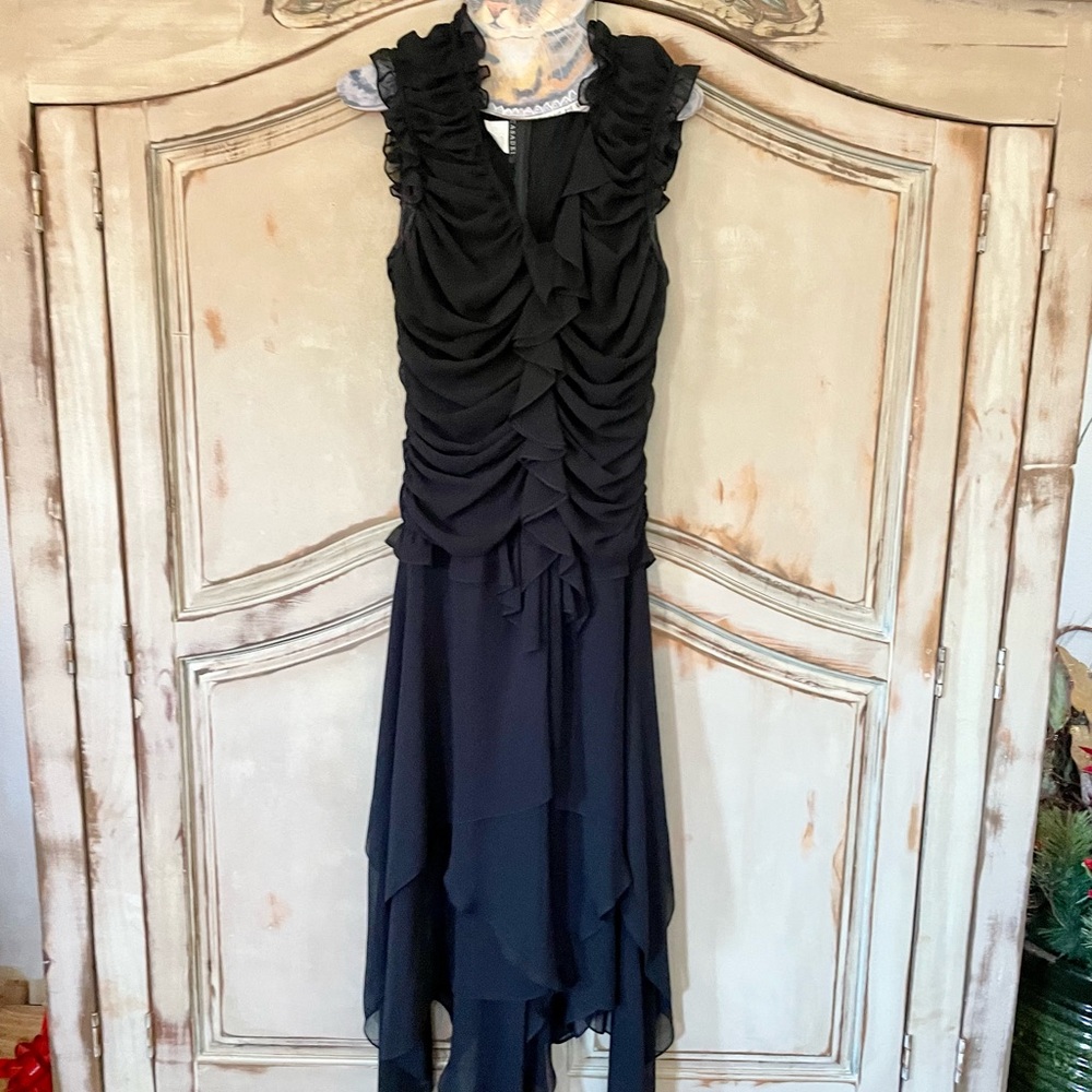 Vintage Dress Black Sleeveless Ruffles! Chiffon! Asymmetrical Hem. Medium-Large